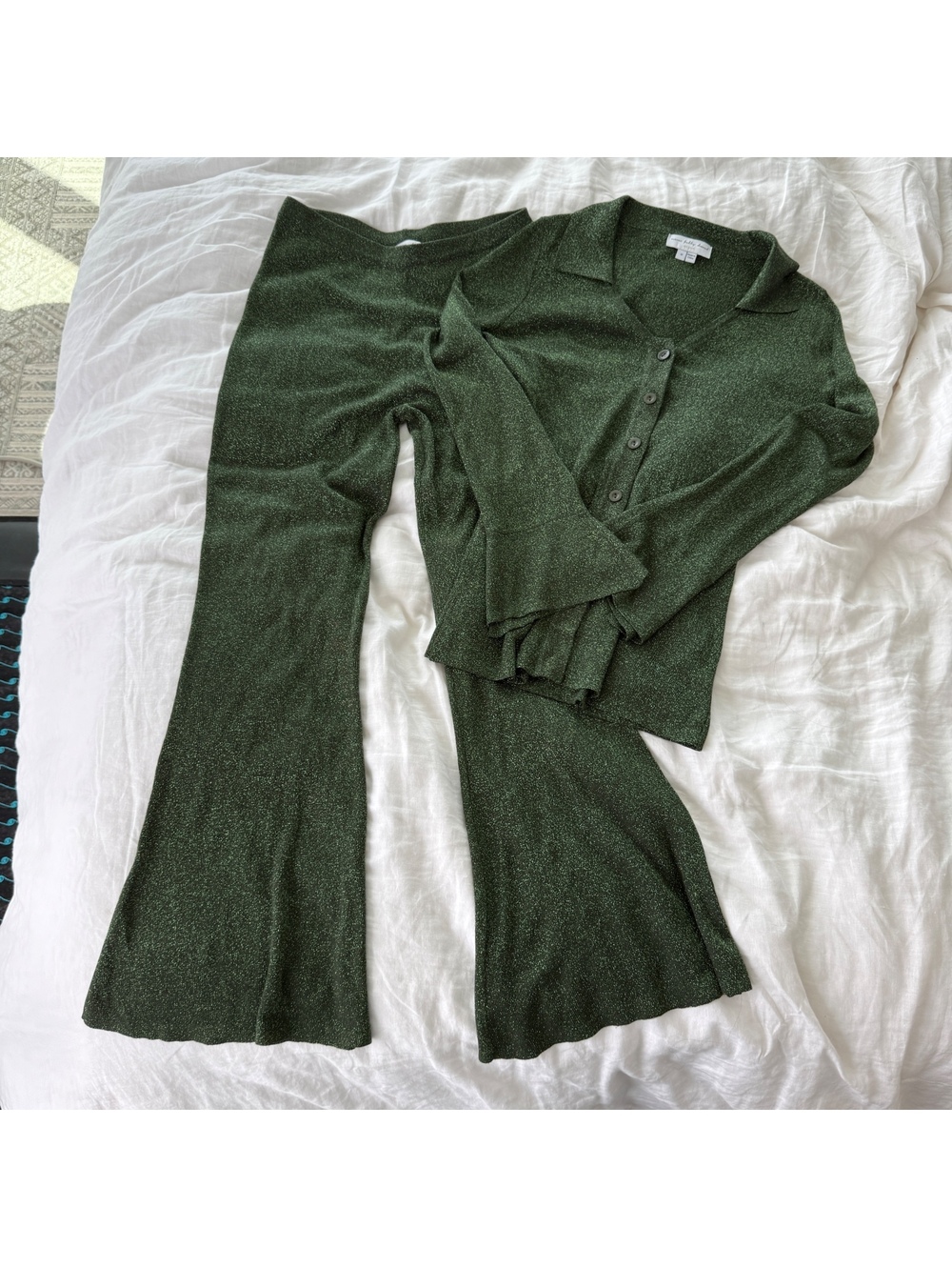 Never Fully Dressed Green Sparkle Cardigan and Flare Pant Set